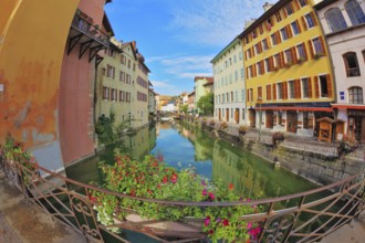 Charming old town of Annecy in Provence. Clear early in the morning. Bridge over the canal is