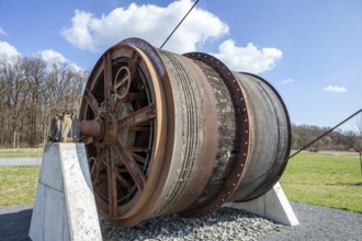 The winch drum of the Barbaraturm tower, an historical shaft tower, Steinberger Höhe, Malberg,