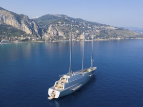 Aerial view 143 metre long three-master Sailing Yacht A, the largest sailing yacht in the world,
