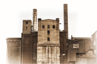 Old power plant building with brick, concrete and metal walls, retro sepia toning