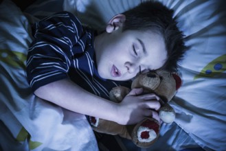 Sleeping child with his toy bear