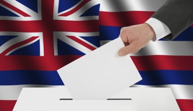 The Hawaii flag and the hand with the bulletin about the ballot box