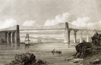 Die Menai-Hängebrücke, Wales, England, 19. Jahrhundert