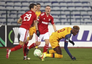 Sofia, Bulgaria - 9 December, 2021: CSKA Sofia's Thomas Lam (L) in action with Roma's Tammy Abraham