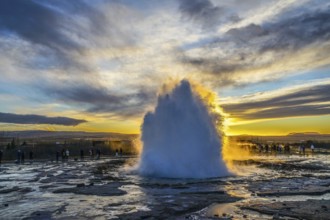 Geysir geyser and sunrise Iceland. Shooting Location: Iceland, Reykjavik