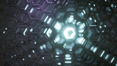 Hexagonal science fiction light reflections background. 3D illustration