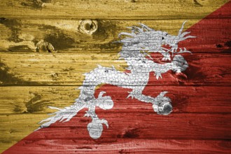 Bhutan flag on wooden planks background wood flag