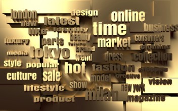 Relative to Fashion Keywords Tag Cloud. 3D rendering. Metallic material backdrop