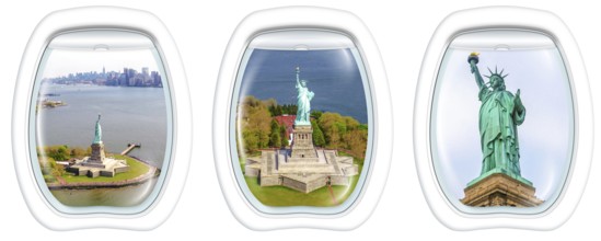 Three porthole frame windows helicopter view of Liberty Island and the famous Statue of Liberty