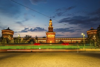 Sforzesco Castle and tram in the evening, Milan, Italy