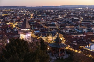 Evening atmosphere, view from the Schlossberg to the clock tower and the historic city centre,
