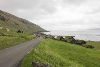 Kirkjubøur on the Faroe Islands with typical houses, church and road, Kirkjubøur, Faroe Islands,