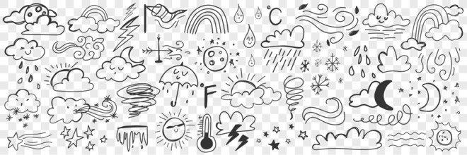 Various weather conditions doodle set. Collection of hand drawn clouds rain storm thunder lightning