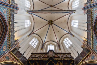 Stralsund, Germany, July 31, 2019: Interior view of the nave of St. Nicholas Church