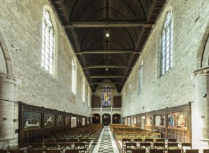 Belgium, 02 20 2019: Classic symmetrical interior design of the La Cambre Abbey