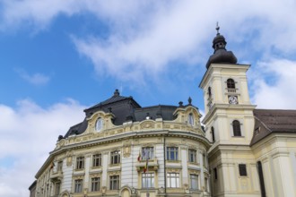 Sibiu architecture on a sunny day against a blue sky