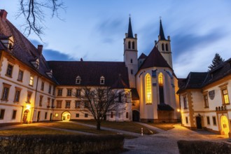 Abbey courtyard of Göß Abbey, blue hour, former convent of the Benedictine nuns, Leoben, Styria,