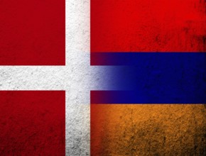 The Kingdom of Denmark National flag with Republic of Armenia national flag. Grunge Background