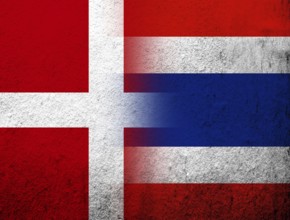 The Kingdom of Denmark National flag with The Kingdom of Thailand National flag. Grunge Background