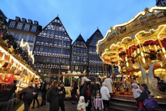 Christmas market, carousel and half-timbered houses at the Römer, Römerberg, Old Town, Frankfurt am