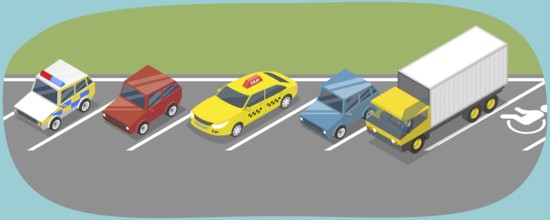 3D Isometric Flat Illustration of Parking Lot, Angel Parked Vehicles
