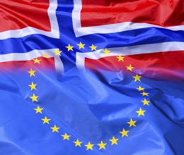 Norwegian flag merging with the EU flag, symbolizing cooperation and unity