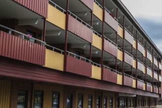 Bollnas city, Gavleborg County, Sweden, 08 04 2019- View over red and yellow residential apartments