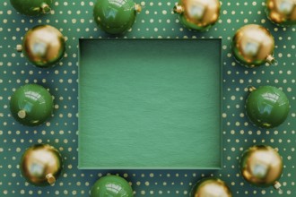 3D rendering of a Christmas terrazzo background with baubles around an empty box in the center with