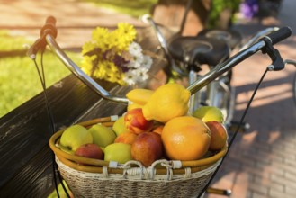 Basket filled with fruits. Bicycle near fence. Vitamins and energy of sun. Juicy apples and sweet
