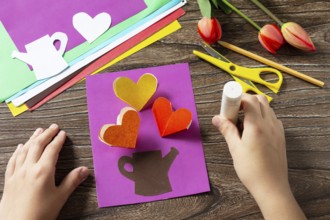 Instructions, step 6. Greeting card with bouquet flowers tulips on Mother's Day. Children's art