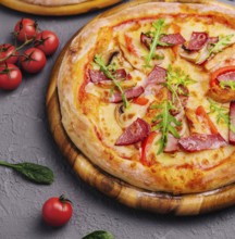 food still-life, Baked round pizza made with salami, tomatoes and mushrooms