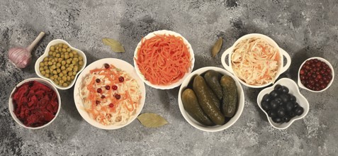 Fermented products on a concrete table, food background, advertising banner, healthy food concept,