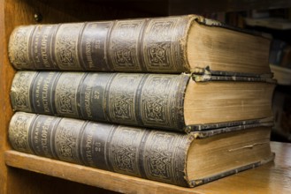 Old books on shelf. French encyclopedia. Close up shot