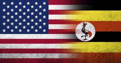 United States of America (USA) national flag with Uganda National flag. Grunge background