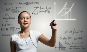 Cute little girl drawing science sketches on screen
