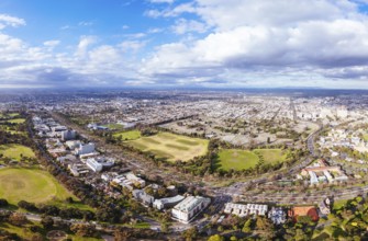 Aerial view of Royal Park and Ikon Stadium of Carlton Football Club on a cool winter's day from