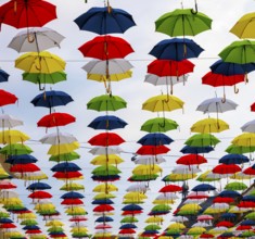 Beautiful Old Town with Colorful Hanging Umbrellas on the City Street in Olten, canton Solothurn,