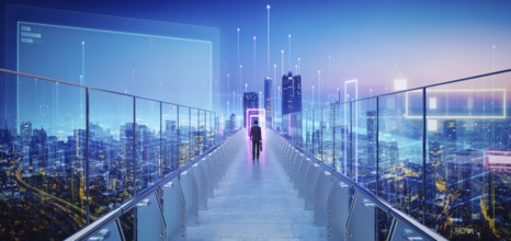 Businessman walking on skywalk bridge to glowing information portal above futuristic cityscape with