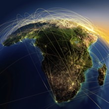 Highly detailed planet Earth at night with embossed continents, illuminated by light of cities,