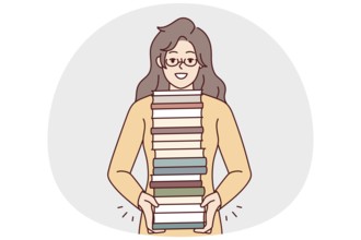 Smiling young woman in glasses with pile of books enjoy reading. Happy girl with stack of textbooks