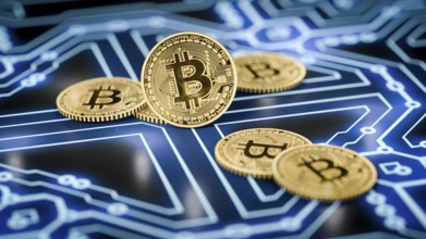 3d rendering of a some bitcoin coins on a dark electronic background