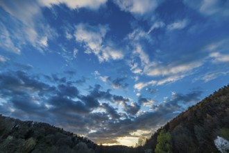 Blue sky with clouds over the Silzer See, Silz, Rhineland-Palatinate, Germany