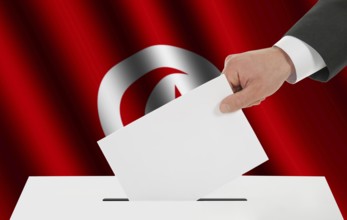 The Tunis flag and the hand with the bulletin about the ballot box