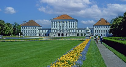 Nymphenburg Palace, park, flowerbeds, visitors, Munich, Bavaria, Germany