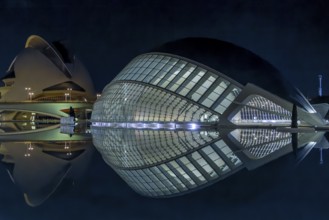 Night photo with illumination and spying on the water of the futuristic, unique and spectacular