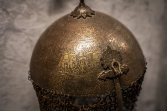 Persian helmet with engraved elephant scene, 16th century, Álava Armory Museum, Vitoria, Basque