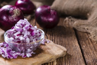 Portion of diced Red Onion (detailed close-up shot)