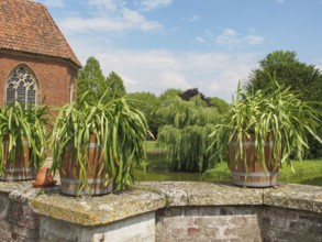 Flower pots on a brick wall in front of a historic building with gothic window and green backdrop,