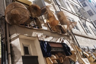 Wickerwork, display in a shop in Noailles, Marseille, France