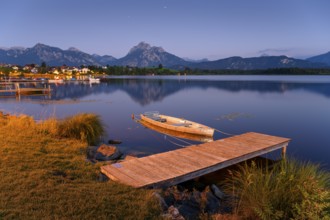 Wooden footbridge at Lake Hopfensee with the Allgäu Alps in the background, Allgäu, Swabia,